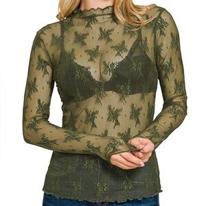 Lace Layering Long Sleeve Top in Dark Olive